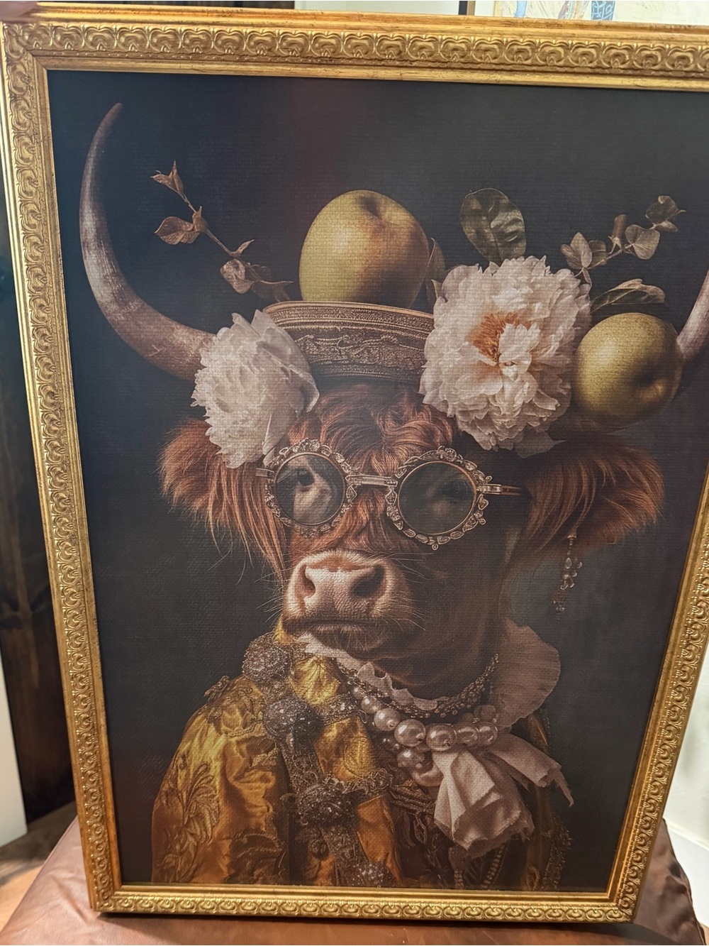 Gold and Brown Highland Cow Wall Art Print - Fashionable Animal Portrait